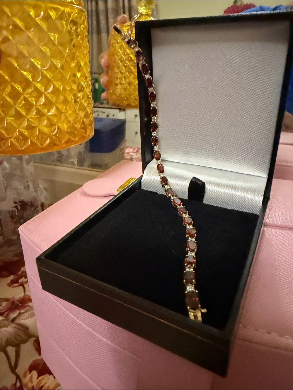 14k genuine gold lab created garnet and cz stones tennis bracelet